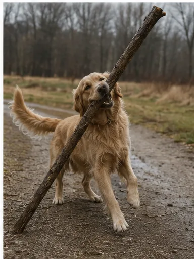 A golden retriever carrying an enormous stick with great pride