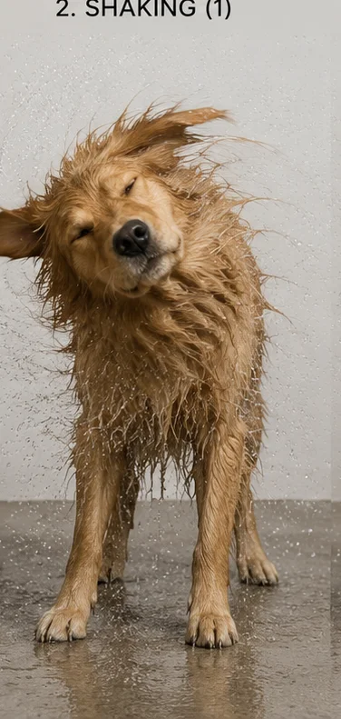 A dog mid-shake, water flying everywhere