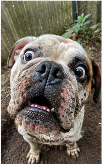 Bulldog with muddy face selfie